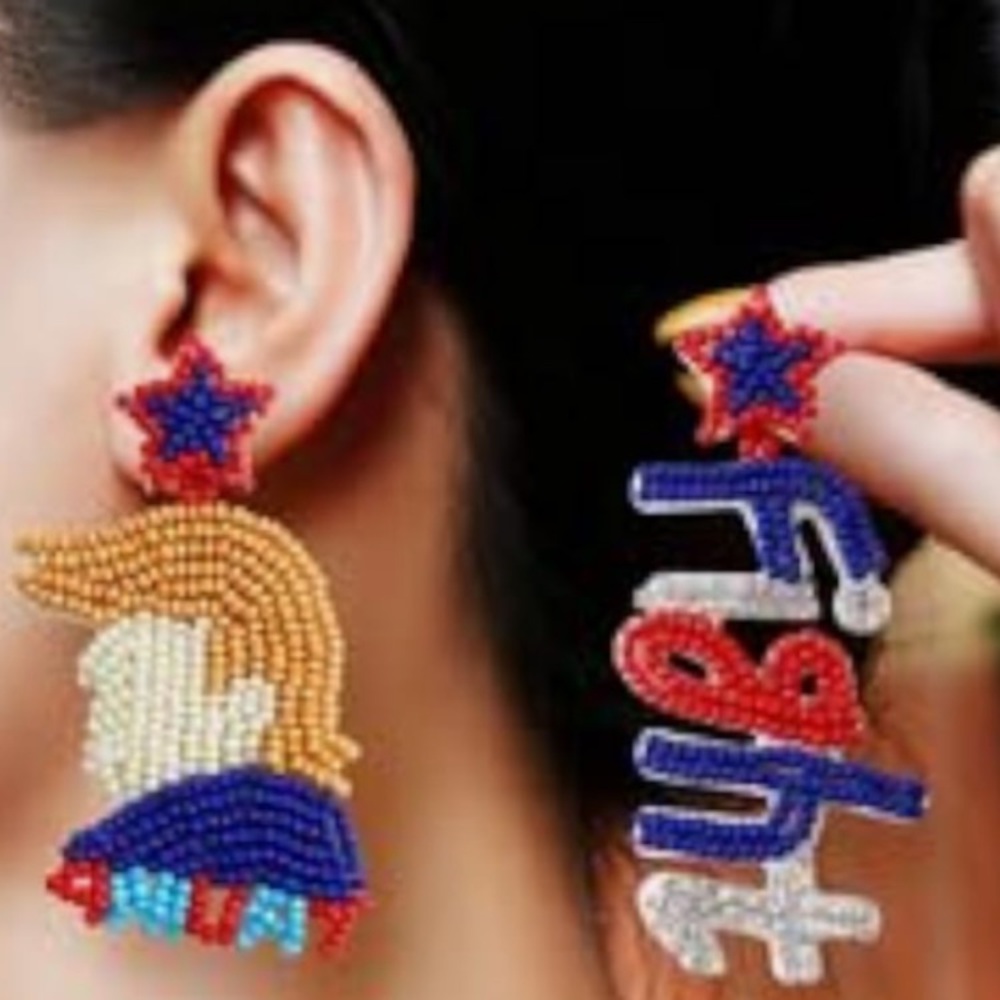 President Trump Beaded Rhinestone Patriotic Beaded Red White Blue July Earrings